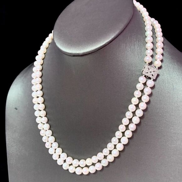 Diamond Akoya Pearl 2-Strand Necklace 17" 18k Gold 6.5mm Certified $8,750 120675 - Picture 10 of 11